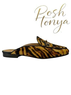NIB Sam Edelman Linnie Tiger Print Mules Brown Size 7 Slip On Flats Office Chic